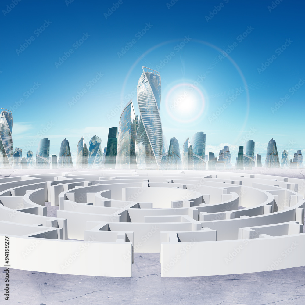 Business cityscape with labyrinth entry and sun