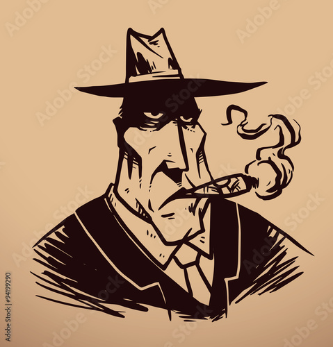 Vector gangster with a cigar. Image of a gangster in black suit, tie and black hat with a cigar in his mouth on a beige background.