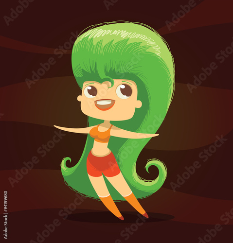 Vector cute funny girl with green hair. Cartoon image of the cute funny girl with green hair in red shorts and orange top on rich brown background.