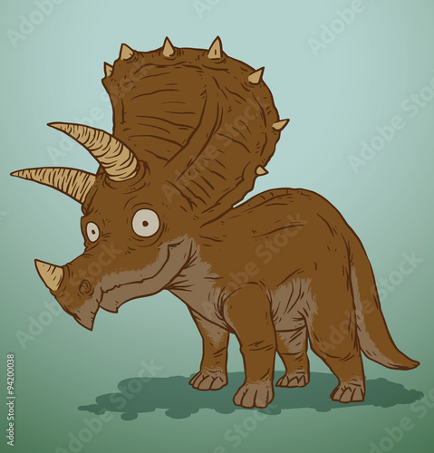 Vector brown cute dinosaur. Cartoon image of a brown cute dinosaur on a blue background. Looks like a triceratops.