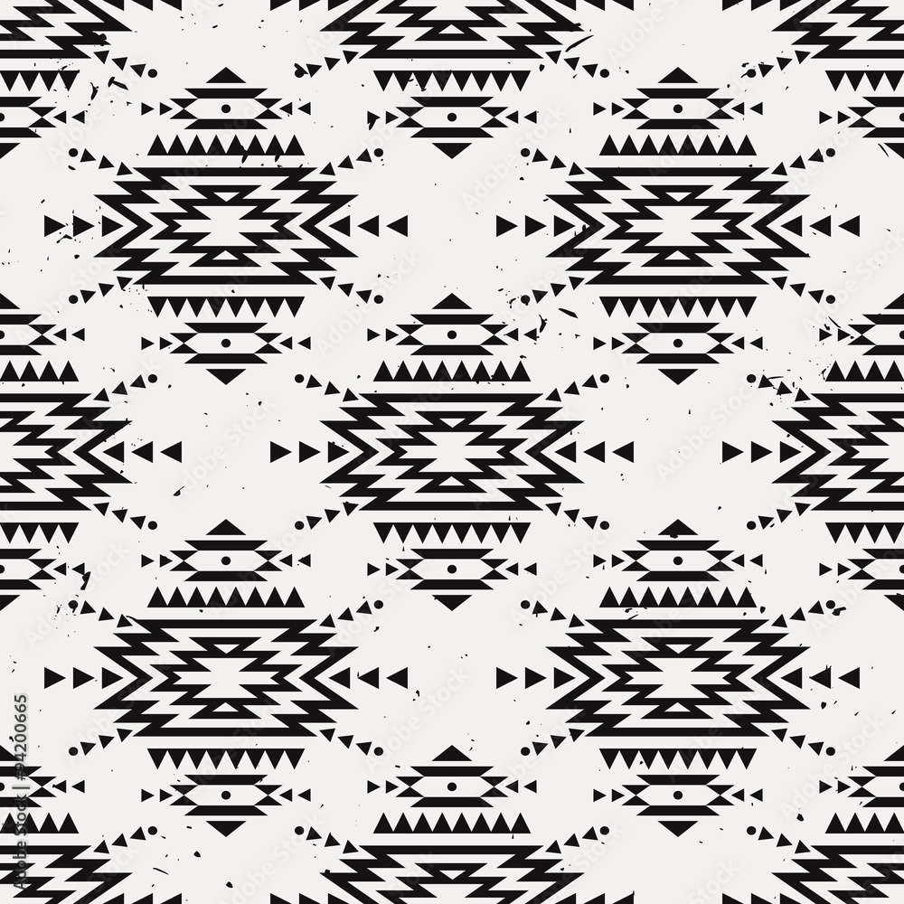 Obraz premium Vector grunge monochrome seamless decorative ethnic pattern. American indian motifs. Background with aztec tribal ornament.