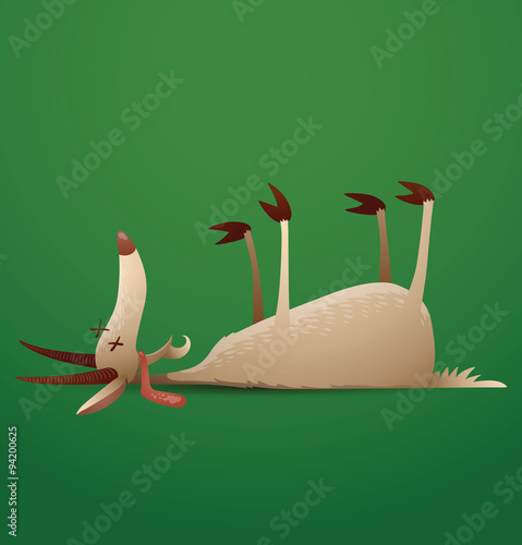 Vector funny goat lies dead. Cartoon image of a funny white goat which lies dead on a bright green background.