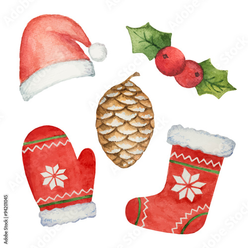 Watercolor set of elements for Christmas