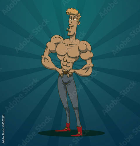 Vector funny macho man blonde. Cartoon image of funny macho man with blonde hair in blue trousers and red boots on a blue background.