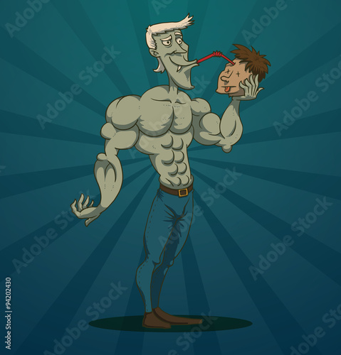 Vector funny macho man vampire with a human head. Cartoon image of macho man white-haired vampire with fangs in blue trousers and brown boots with a human head in his hand on a blue background.