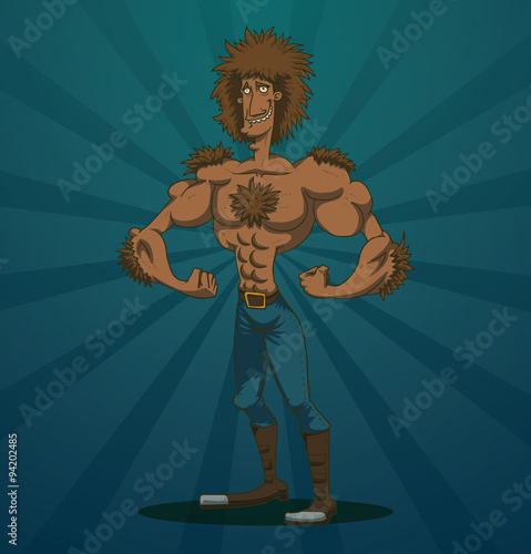 Vector funny macho man werewolf. Cartoon image of funny macho man werewolf with brown hair and brown wool in blue trousers and brown high boots on a blue background.