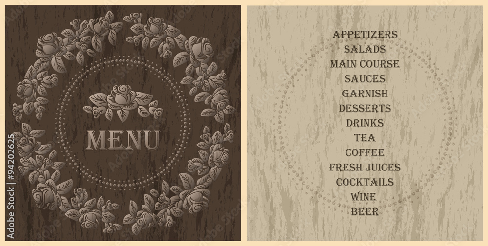 wood style decorated menu template - light brown roses vignette on the dark wood texture backgroundbackground