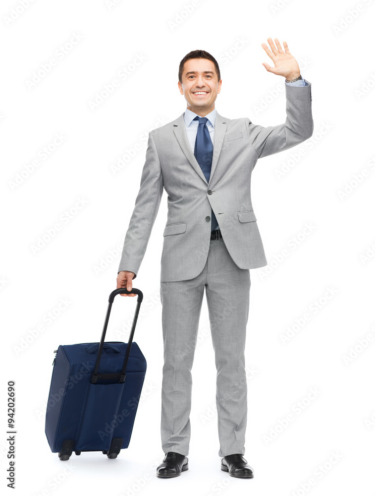 happy businessman in suit with travel bag happy businessman in suit with travel bag