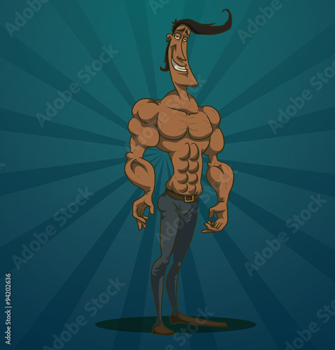 Vector funny macho man. Cartoon image of funny macho man with black hair in blue trousers and brown boots on a blue background.