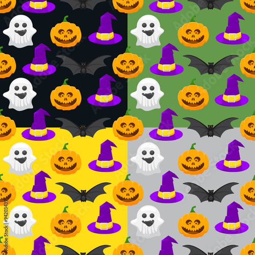 Set of seamless pattern for Halloween, pumpkin, ghost, witch hat