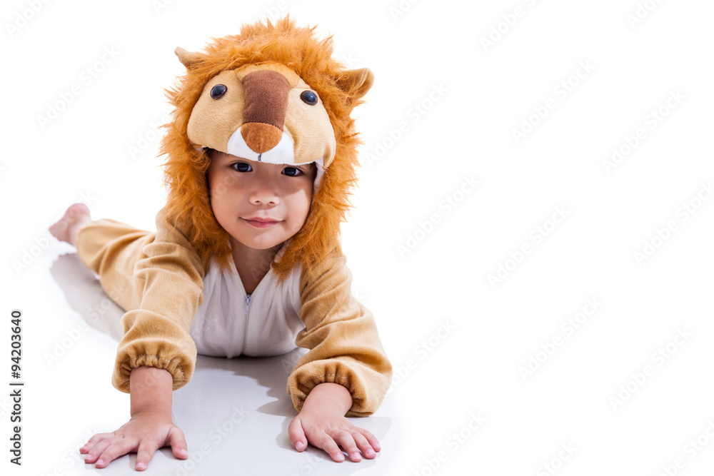 Little lovely asian boy costumed like a lion. Isolated on white Little lovely asian boy costumed like a lion. Isolated on white