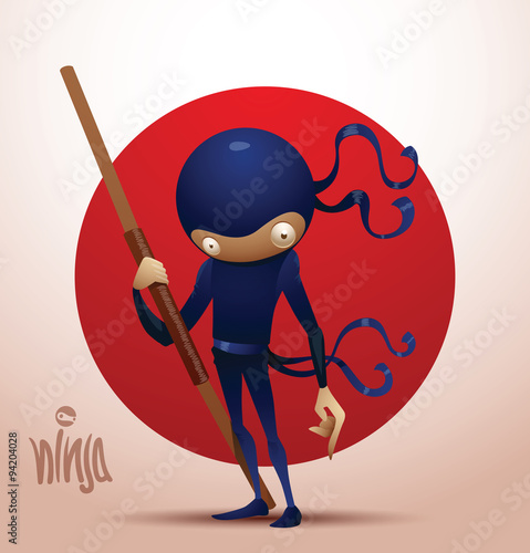 Vector image of ninja warrior in the traditional dark blue suit which stands with stave on the background of the red circle on a light background, symbolizing the flag of Japan. photo