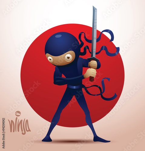 Vector image of ninja warrior in the traditional dark blue suit which stands with sword on the background of the red circle on a light background, symbolizing the flag of Japan.  photo