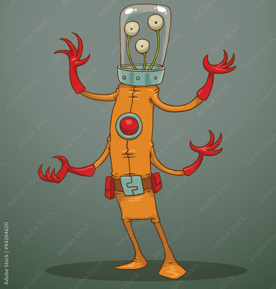 Vector funny alien with four arms. Cartoon image of a funny alien green