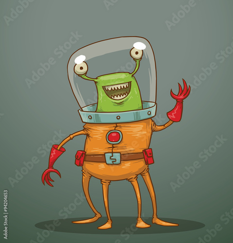 Vector funny alien with four legs. Cartoon image of a funny alien green  color with two eyes, two arms and four legs dressed in an orange spacesuit  on a gray background. Stock