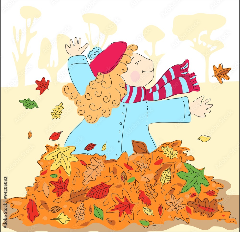 Girl playing with the fall leaves. Bright autumn illustration.