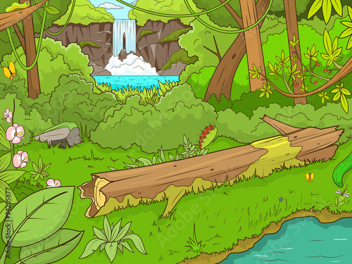 Jungle forest with waterfal cartoon vector