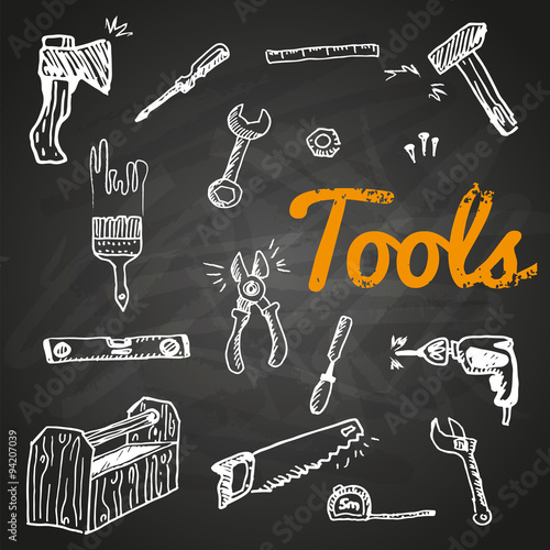 Set of Different Hand Drawn Tools on black background