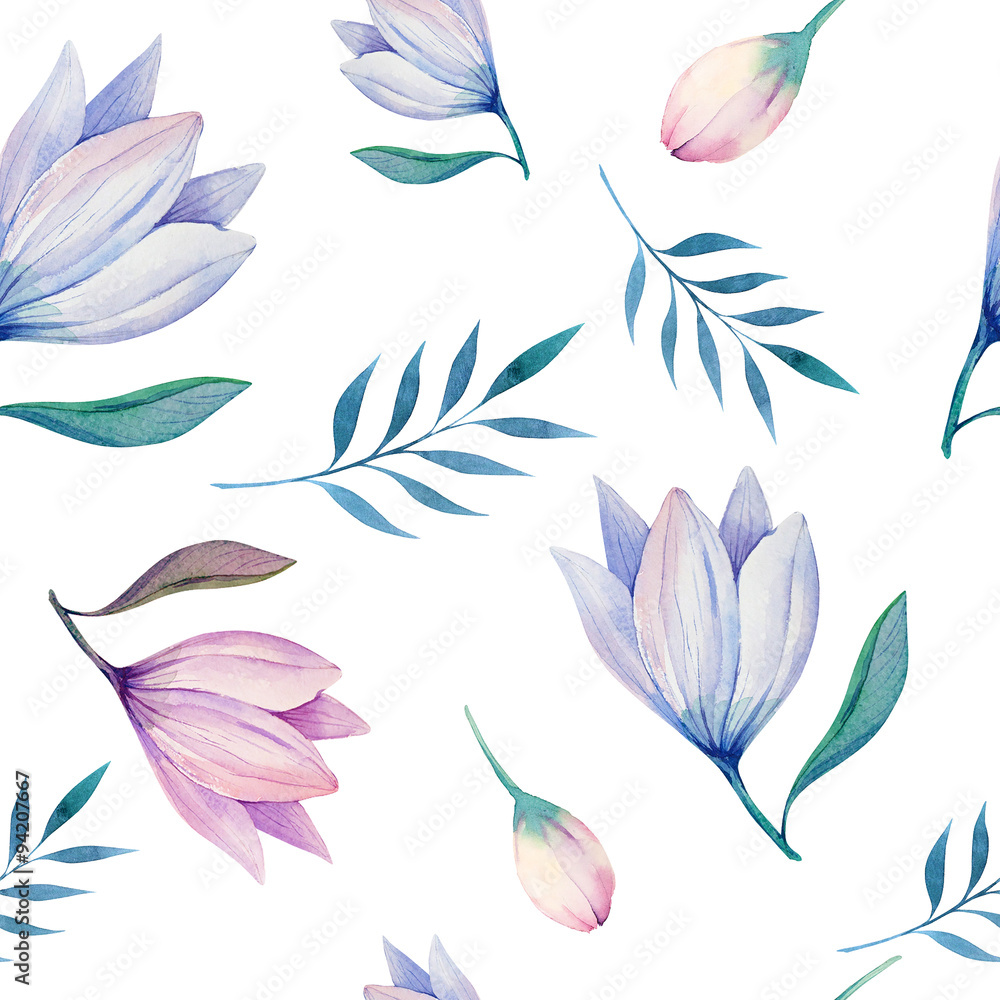 Seamless wallpaper with stylized flowers, watercolor illustratio Seamless wallpaper with stylized flowers, watercolor illustratio