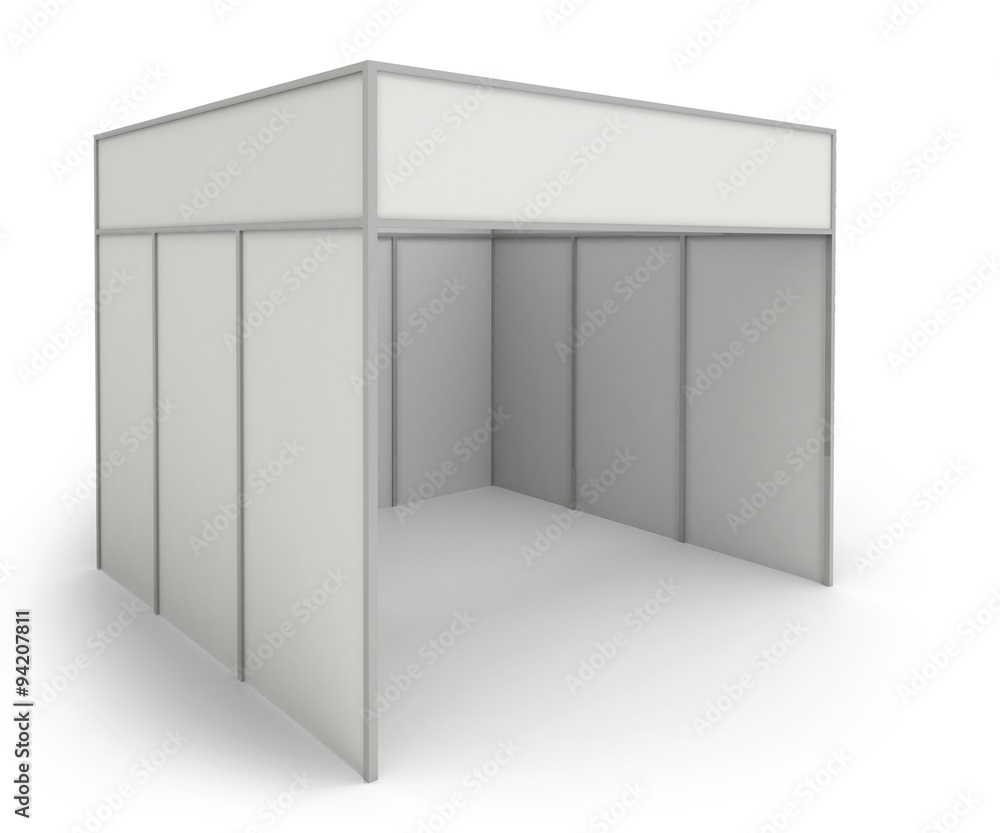 Trade exhibition stand and blank roll banner 3d render isolated - white booth for customizing Trade exhibition stand and blank roll banner 3d render isolated - white booth for customizing