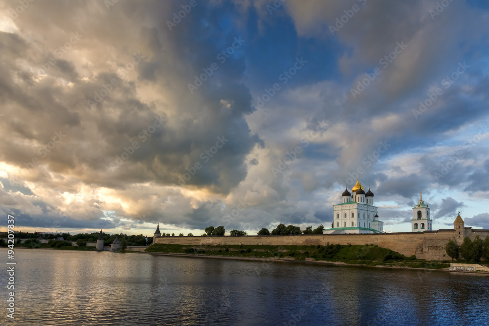 Pskov Kremlin in the evening before storm, Russia
