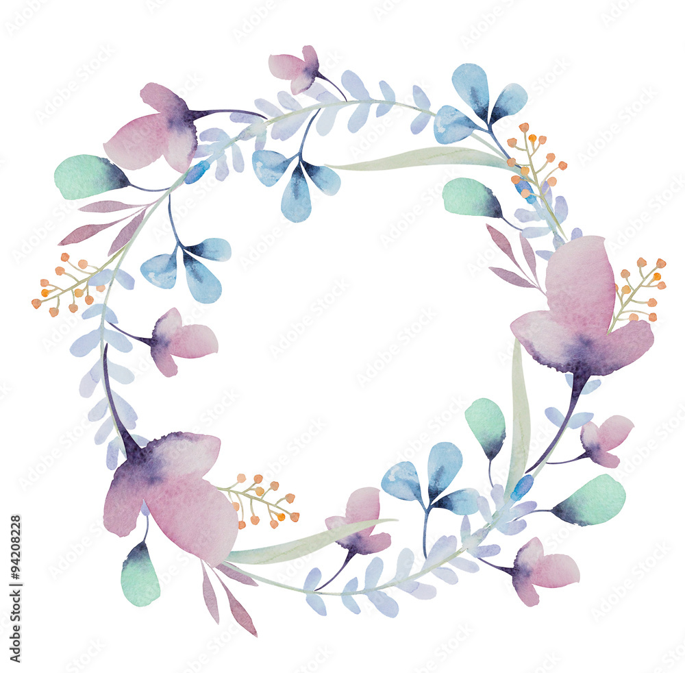 watercolor floral frame. Flowers in wreath.