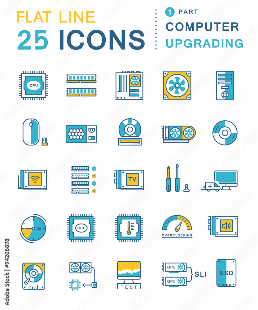 Set Vector Flat Line Icons Upgrading Computer Set Vector Flat Line Icons Upgrading Computer