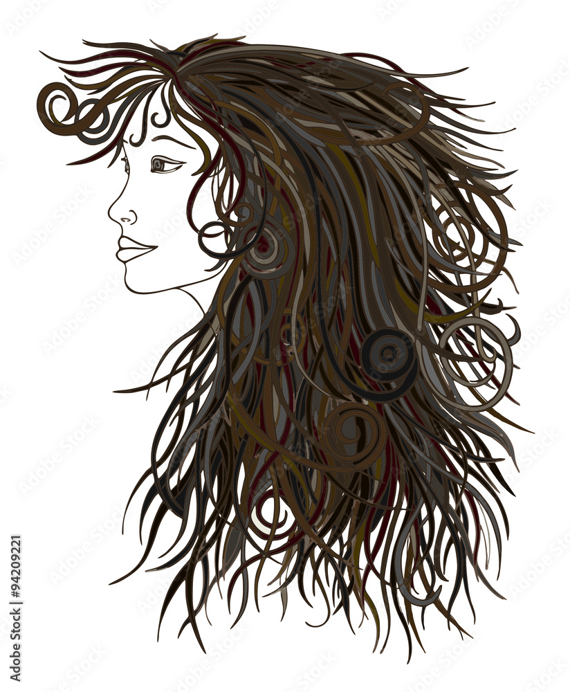 Profile of beautiful woman with waving hair.Graphic style. Profile of beautiful woman with waving hair.Graphic style.