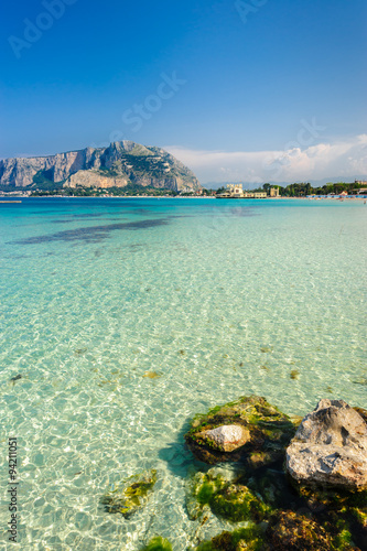 Clear turquoise waters of Mondello beach, Palermo, Sicily, Italy.