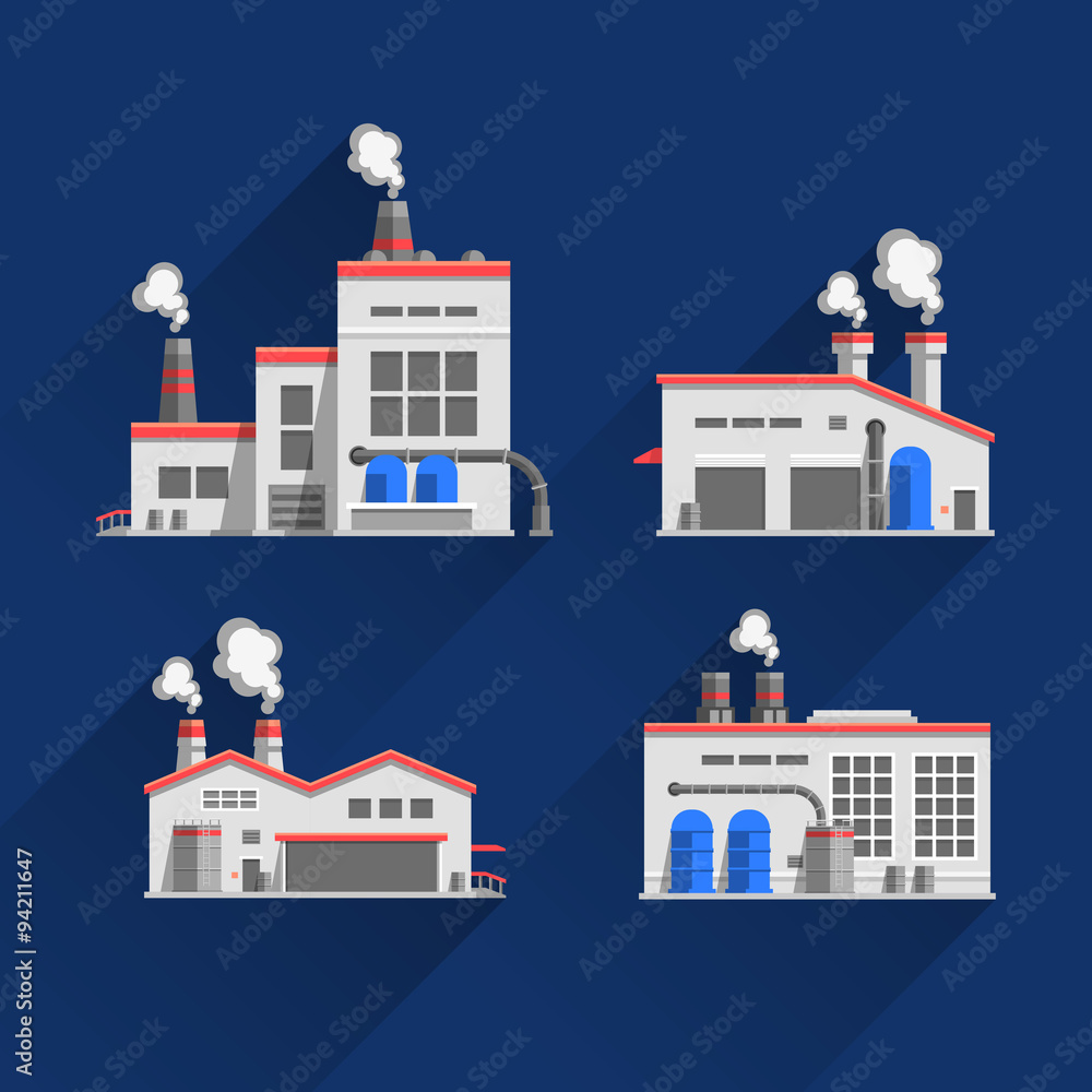 Set icons of industrial buildings and factories isolated on blue background