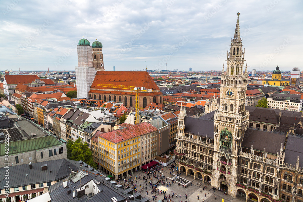 Fototapeta premium Aerial view on Marienplatz town hall