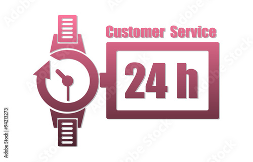 Abstract colorful background with a hand watch and the text twenty four hour customer service written on the right side of the clock