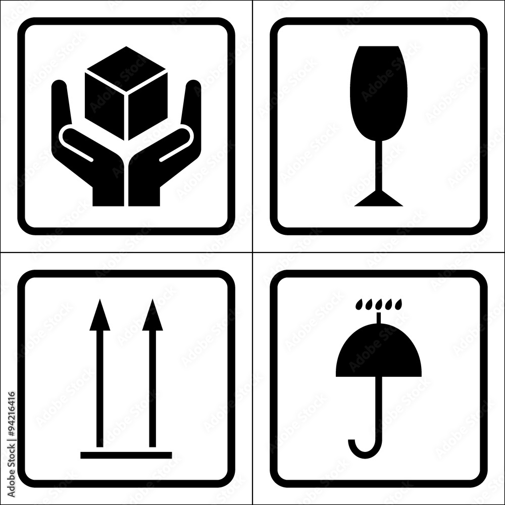 Packaging symbols in a squares. Fragile icon, Keep dry icon, This side up icon, Handle with care icon. Fragile cardboard black signs isolated on a white background. Stock vector illustration Packaging symbols in a squares. Fragile icon, Keep dry icon, This side up icon, Handle with care icon. Fragile cardboard black signs isolated on a white background. Stock vector illustration