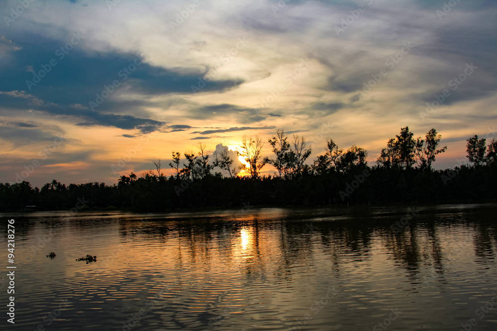 Sunset at Bang Pakong River in Thailand.