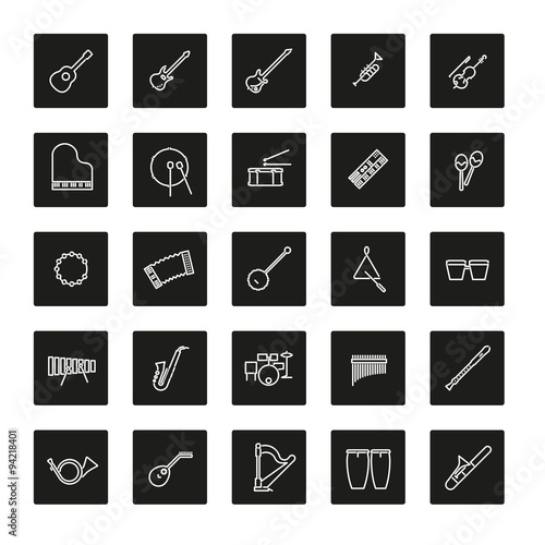 Musical Instruments Line Icon Vector Set, 25 symbols in black rounded squares