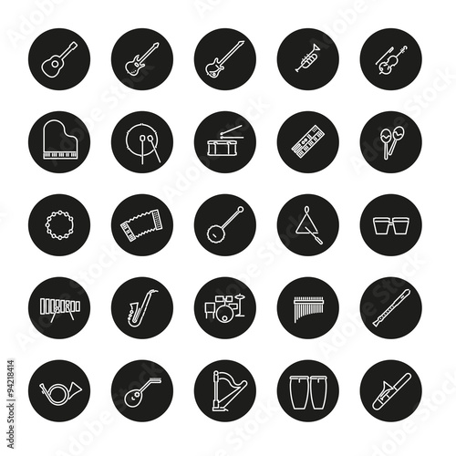 Musical Instruments Line Icon Vector Set, 25 white symbols in black circles