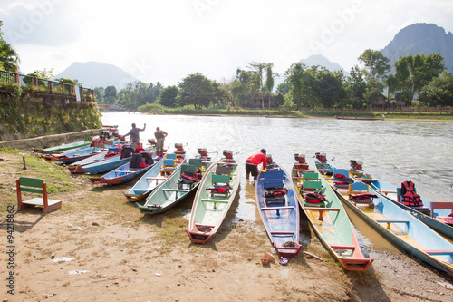  Boats near the Nam Song river at Vang Vieng, Laos