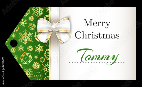 Luxury Christmas name tag with golden snowflakes and white ribbon