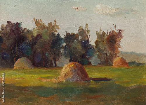 Valokuva Beautiful Original Oil Painting Landscape On Canvas with trees grass haystacks