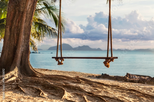 A wooden swing in a tree on the beach with beautiful views of th © Rock and Wasp