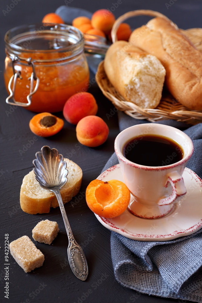 Apricots, apricot jam and cup of coffee Apricots, apricot jam and cup of coffee