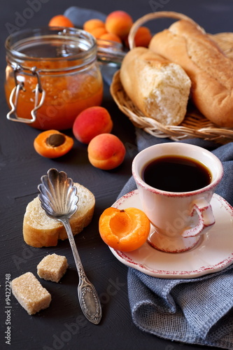 Apricots, apricot jam and cup of coffee