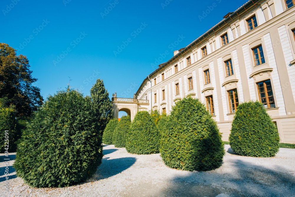 Courtyard with trimmed bushes near Prague Castle, Czech Republic