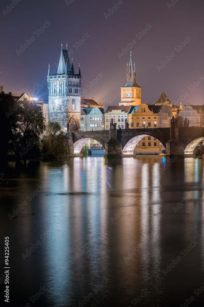 Night view of illuminated Charles Bridge in Prague, Czech Republ