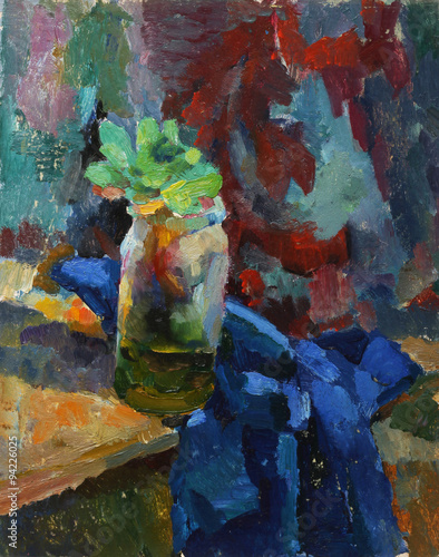 Oil painting. Still life with vase and plants on fabric