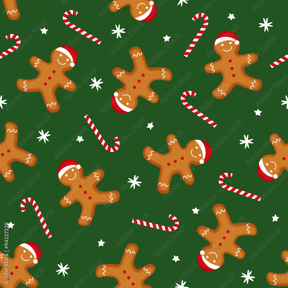 Gingerbread man is decorated in Xmas hat and candy cane on green background.  Seamless vector pattern for new year's day, Christmas, winter holiday,  cooking, new year's eve. Cute Xmas background. Stock Vector |