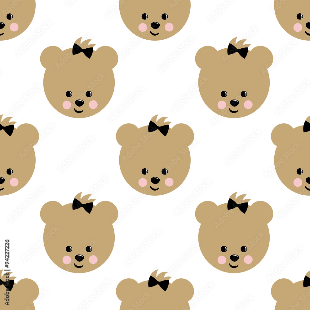 Happy teddy bear seamless pattern. Cute vector background with girl teddy bear. Child style illustration.