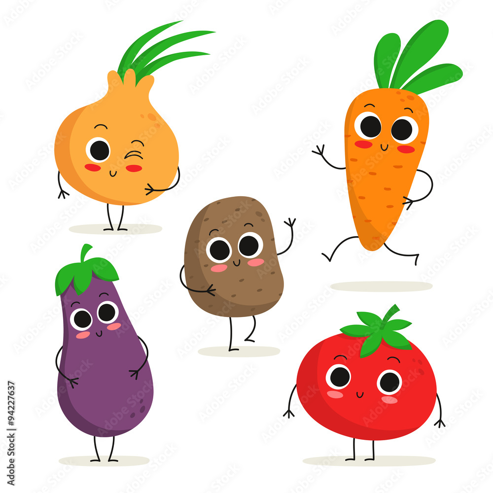 Set of 5 cute cartoon vegetable characters isolated on white Stock Vector |  Adobe Stock