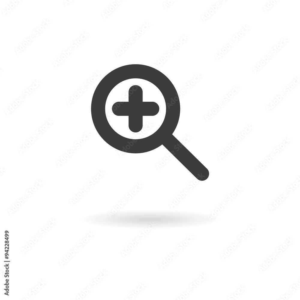 Dark grey icon for zoom in (magnify) on white background with sh Dark grey icon for zoom in (magnify) on white background with sh