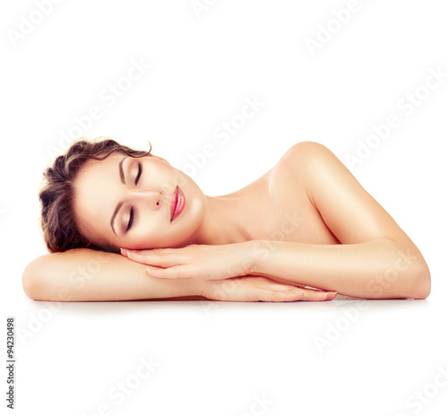 Spa girl. Sleeping or resting female isolated on white background